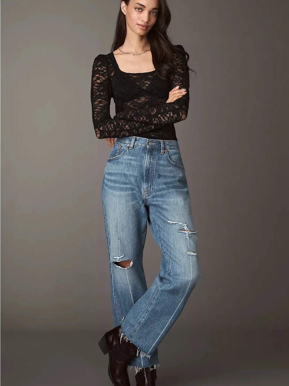 By Anthropologie Puff-Sleeve Sheer Lace Black Square-Neck Long Sleeve Top NEW
